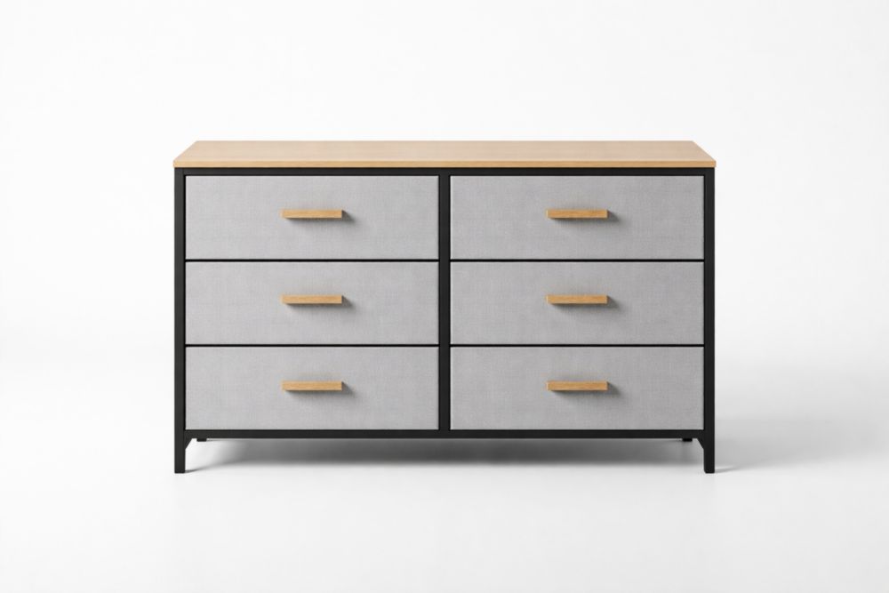 Commode 6 Tiroirs en Métal Noir et Bois Clair