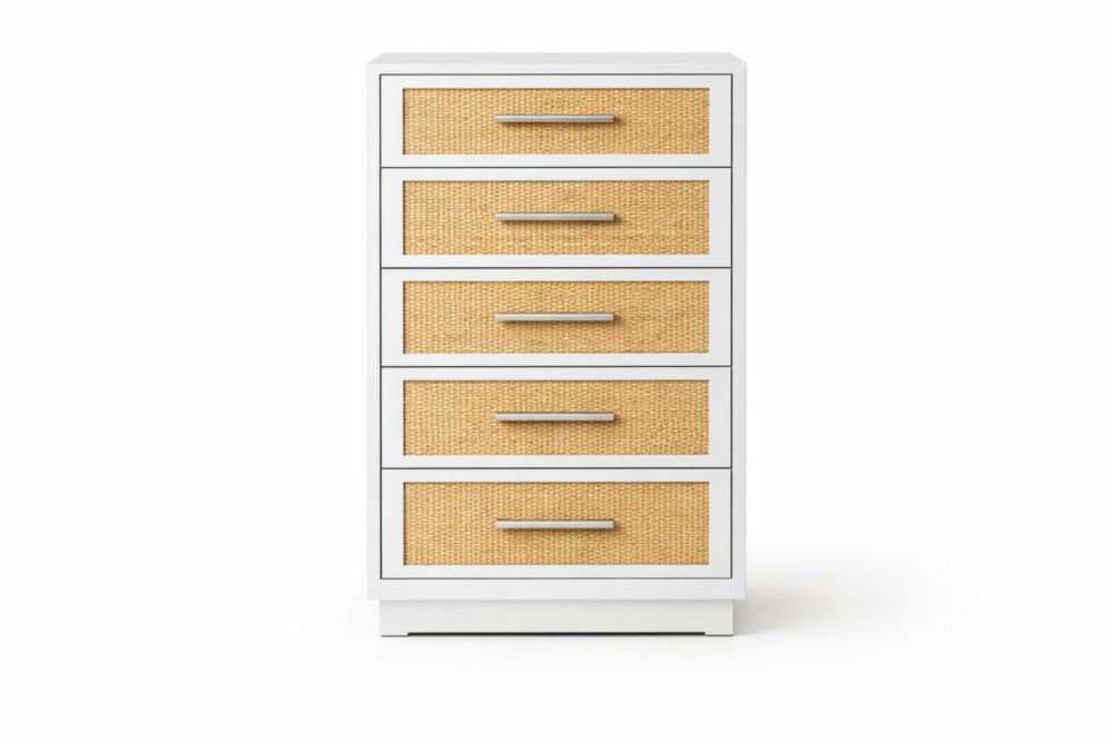 Commode 5 Tiroirs Blanc Rotin Bois MDF