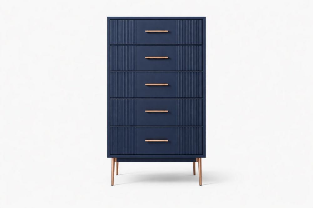 Commode 5 Tiroirs Bleu Bois Métal 65x40x115 cm