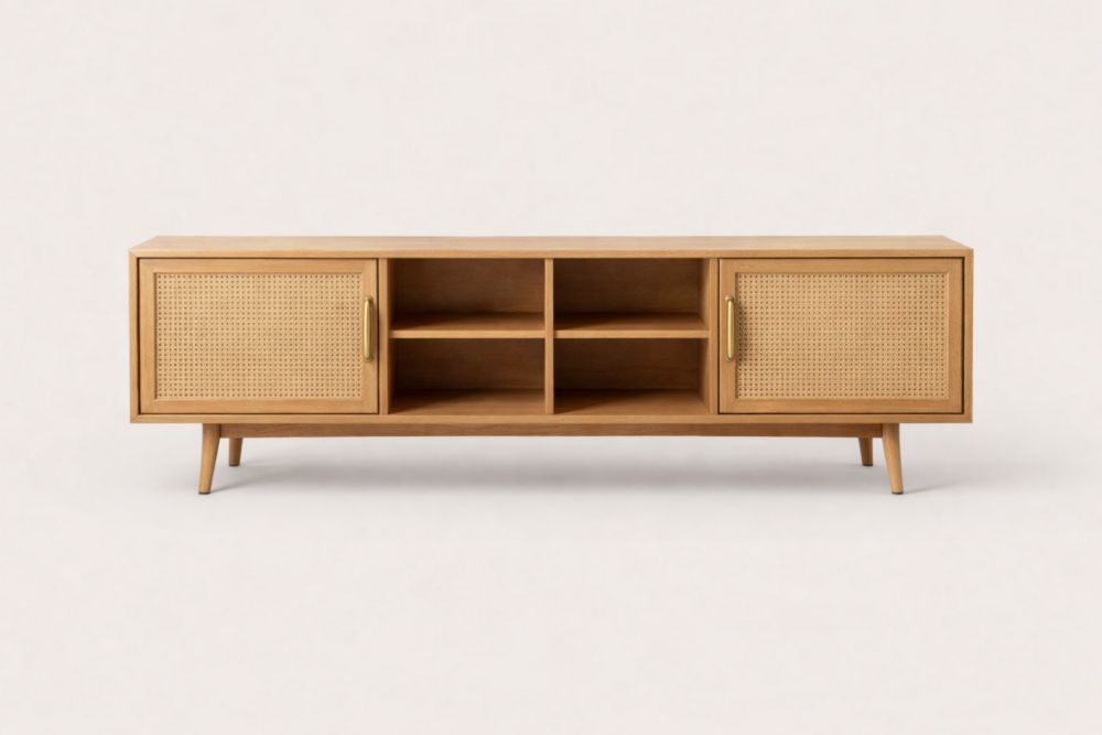 Meuble TV en bois avec portes en rotin