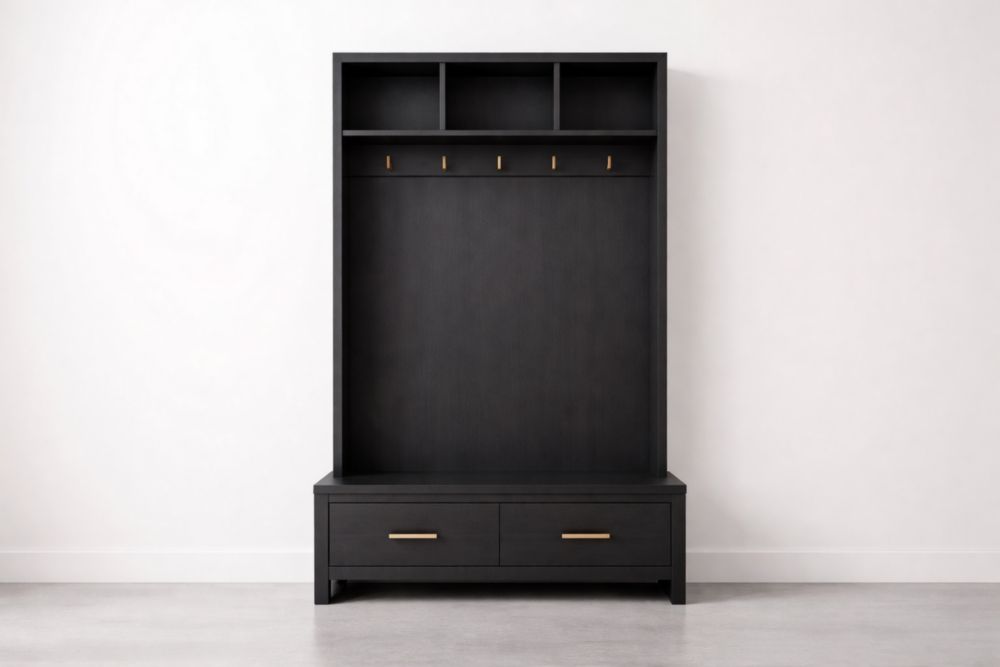 Portemanteau en bois noir avec tiroirs et étagères