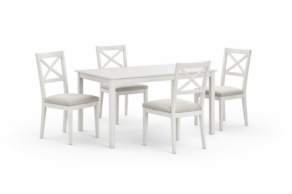 Ensemble table et chaises de salle à manger en bois blanc avec sièges rembourrés