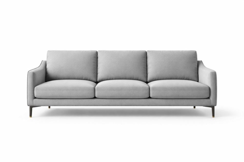 Canapé trois places en tissu polyester gris avec pieds en métal