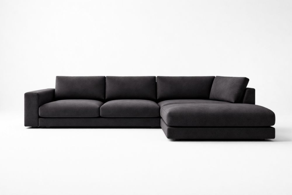 Canapé d'angle en tissu gris avec structure en bois