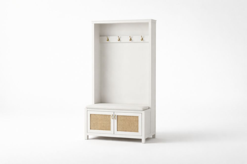 Portemanteau en bois avec étagère et banc rembourré en rotin