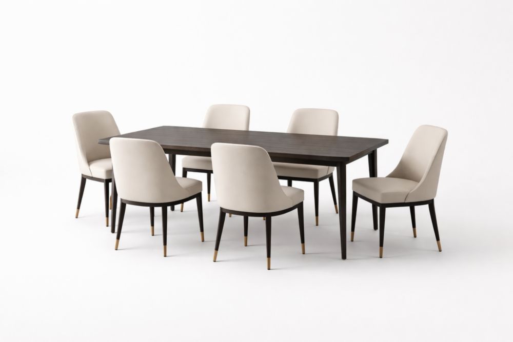 Ensemble de salle à manger en bois avec 6 chaises en tissu beige