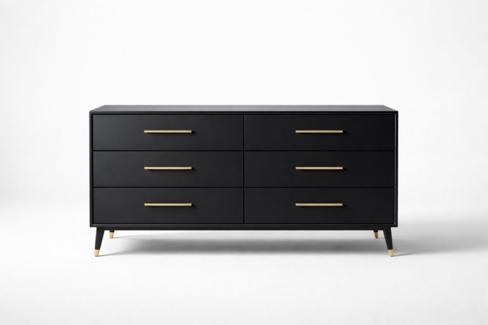 Commode en Bois Noir avec Poignées en Métal Doré