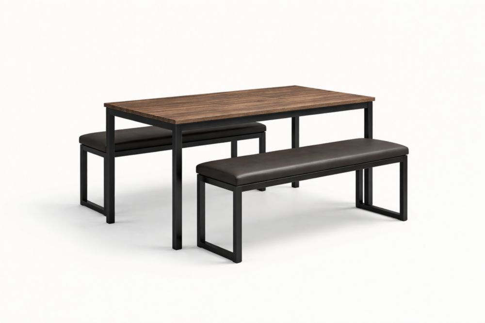 Table à manger rectangulaire en bois et métal avec bancs