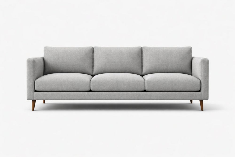 Canapé trois places en tissu gris avec pieds en bois