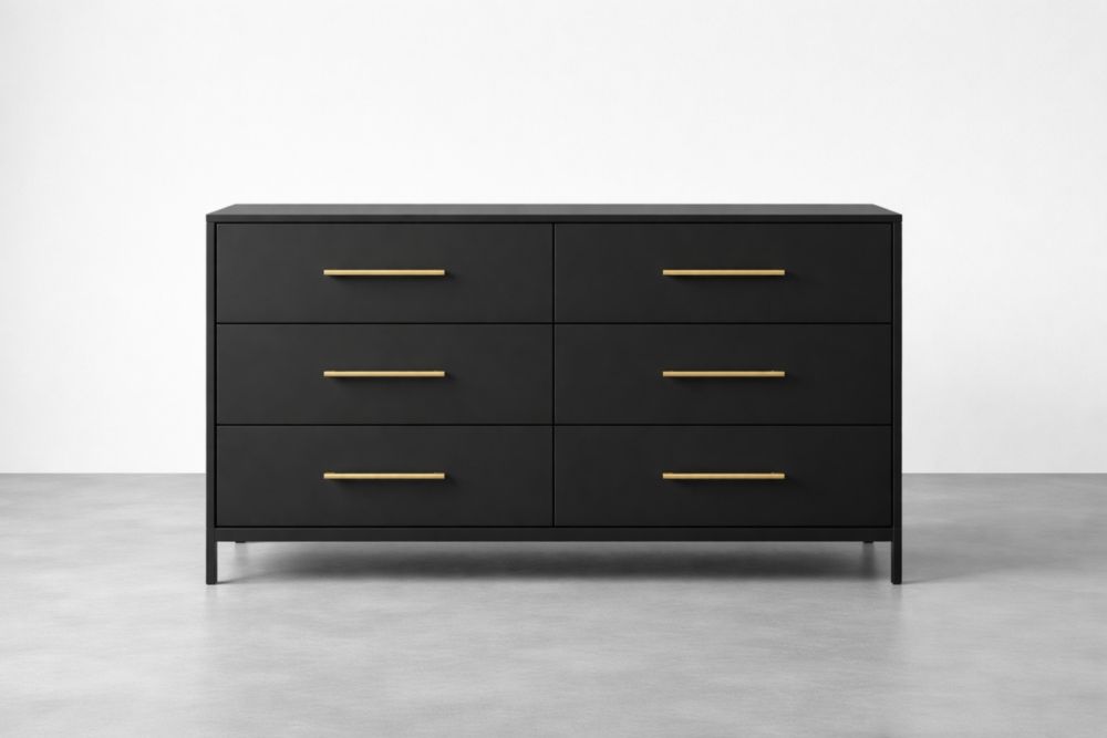 Commode 6 tiroirs noir métal poignées laiton