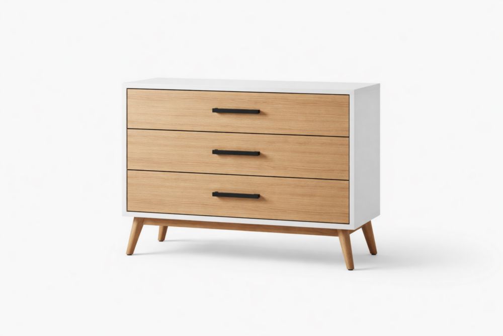 Commode 3 tiroirs en MDF blanc et chêne