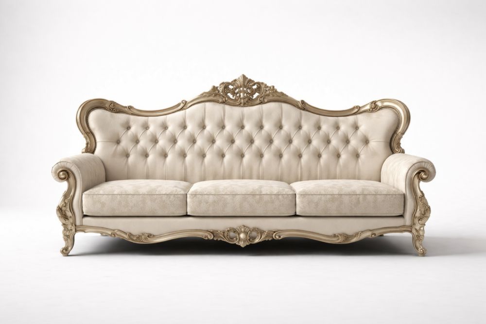 Canapé trois places en bois sculpté avec tissu crème