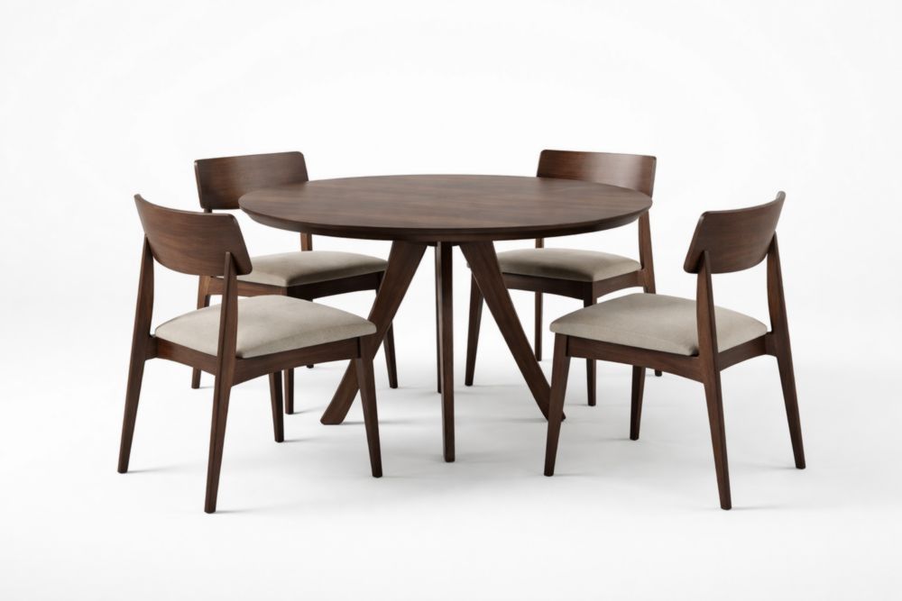 Ensemble Table Ronde et Chaises en Bois Marron avec Assise en Tissu