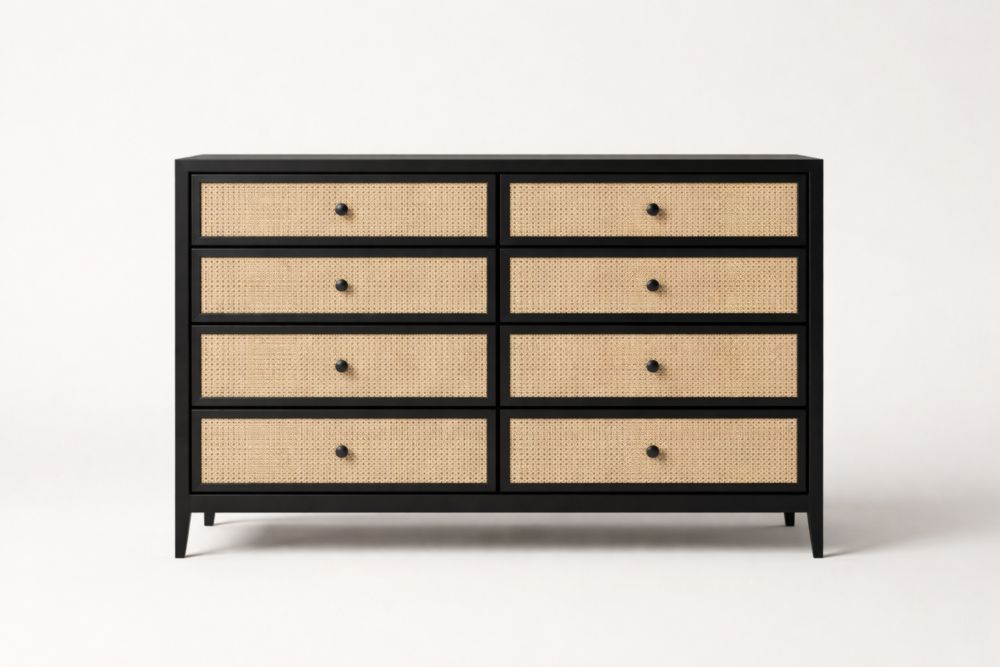 Commode Bois Noir avec Tiroirs Rotin 8 Tiroirs