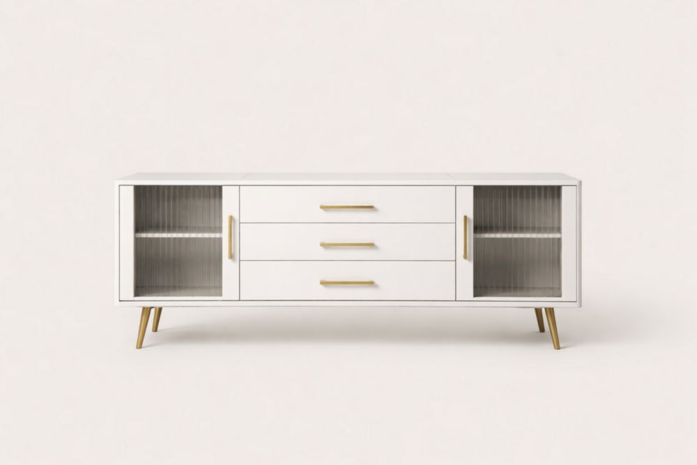 Buffet bas blanc en bois et verre nervuré avec pieds en métal doré 160x40x70 cm