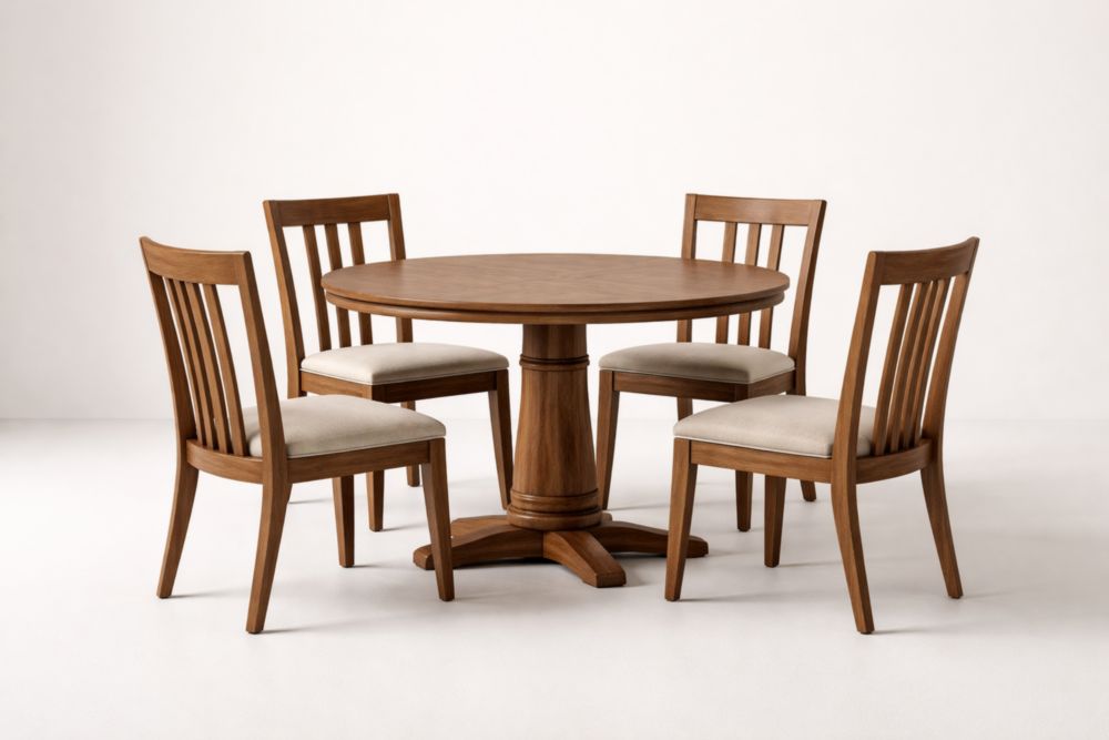 Table ronde en bois avec quatre chaises en tissu