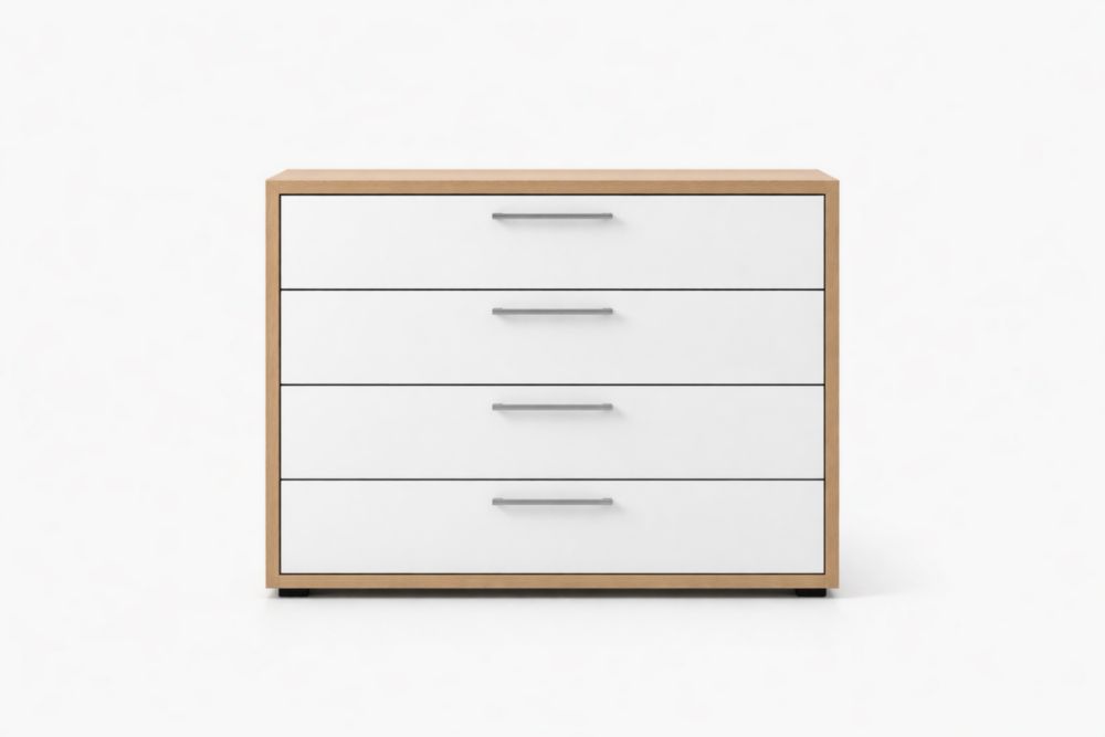 Commode en bois et MDF blanc à quatre tiroirs, poignées en métal