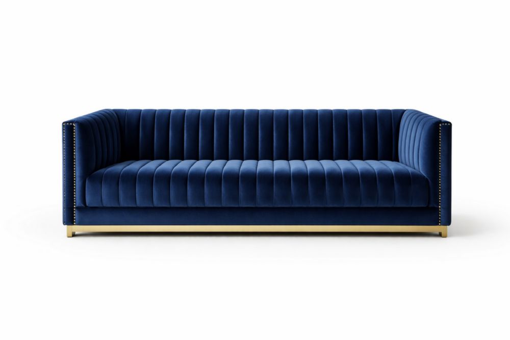 Canapé en velours bleu avec pieds en métal