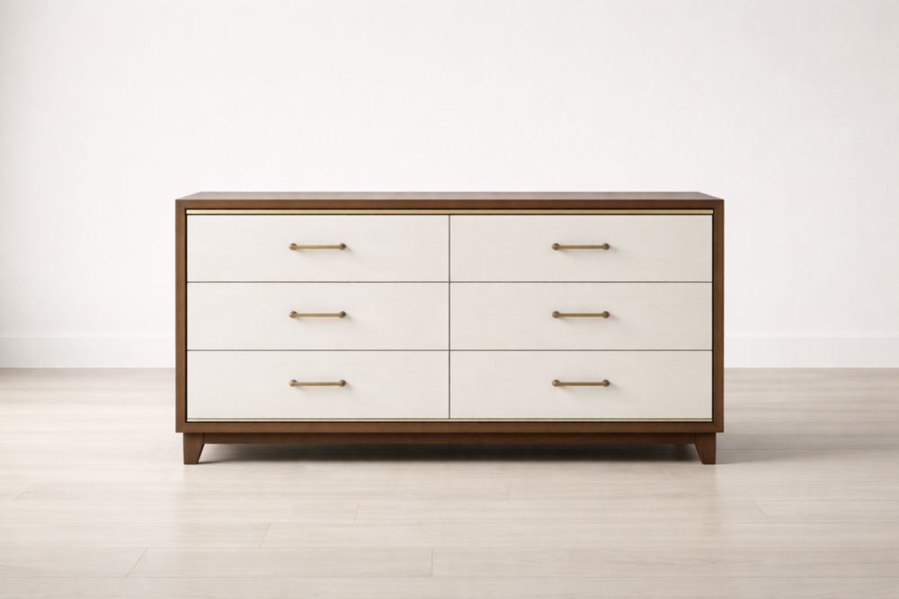 Commode en bois et MDF 6 tiroirs blanc/brun