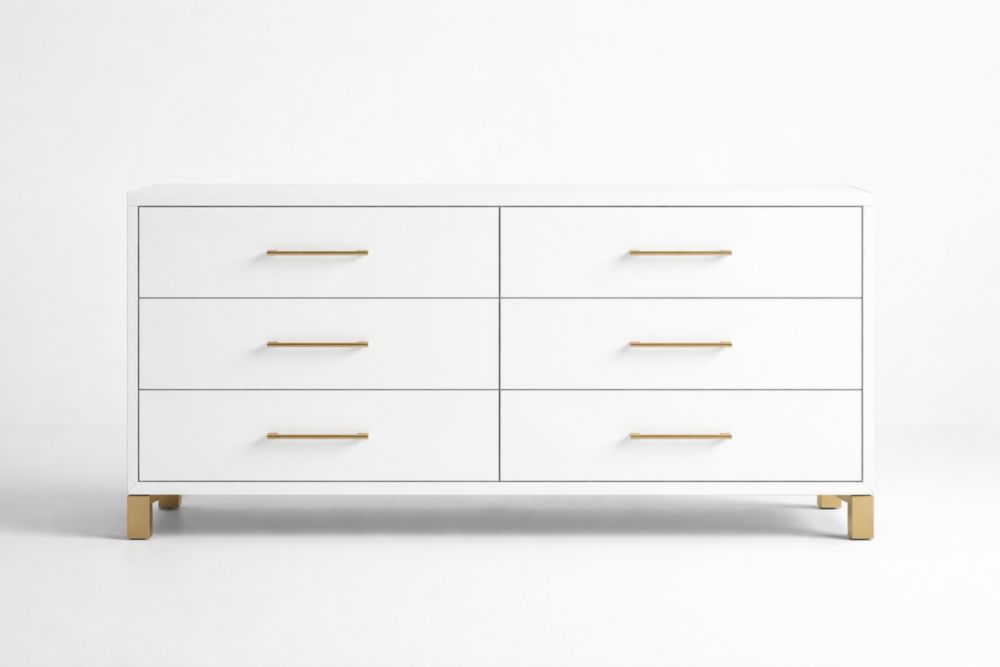 Commode blanche 6 tiroirs en bois MDF avec poignées dorées