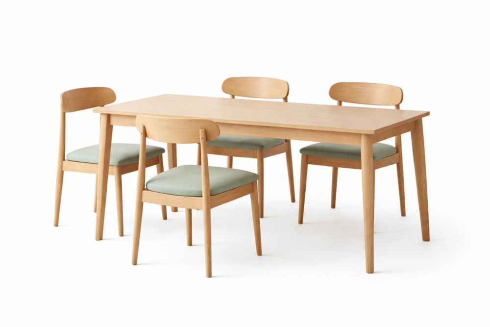 Ensemble table et chaises en bois clair et tissu vert clair