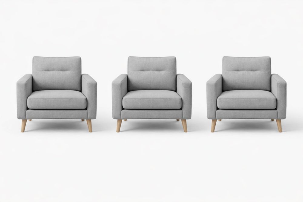Ensemble de 3 fauteuils en tissu gris clair avec pieds en bois