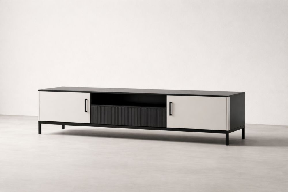 Meuble TV bas noir et blanc acier MDF 200x40x50cm