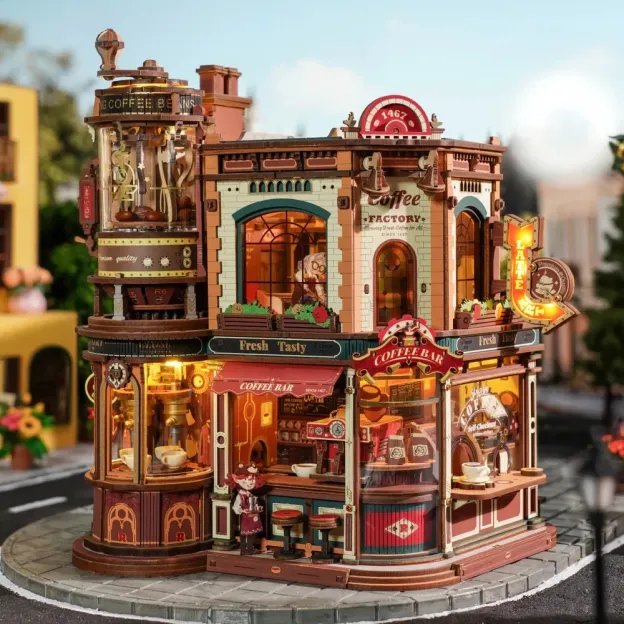 Dream Coffee Factory Music Box Wooden 3D Puzzle Building Toys Kids Gifts