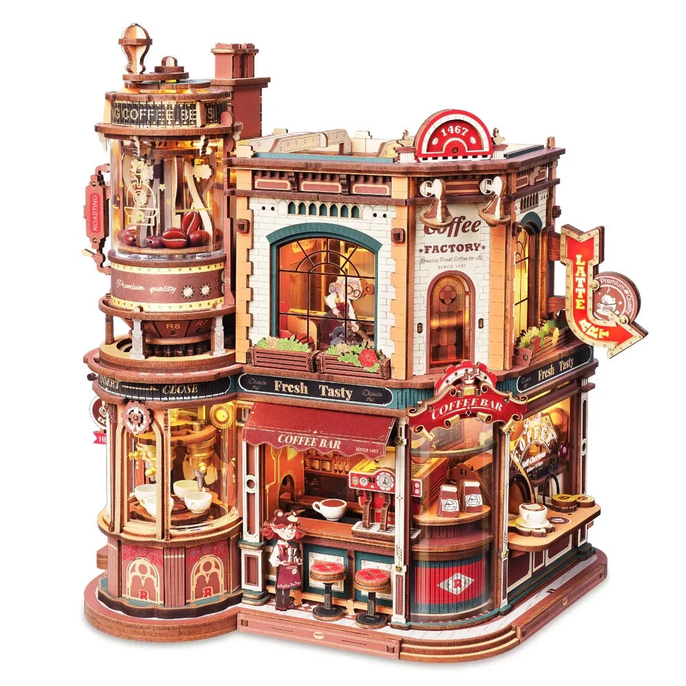 Dream Coffee Factory Music Box Wooden 3D Puzzle Building Toys Kids Gifts