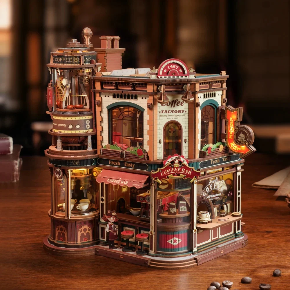 Dream Coffee Factory Music Box Wooden 3D Puzzle Building Toys Kids Gifts