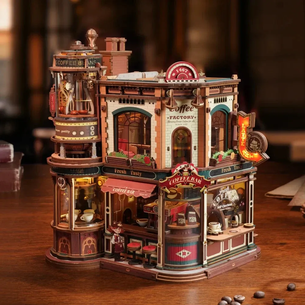 Dream Coffee Factory Music Box Wooden 3D Puzzle Building Toys Kids Gifts