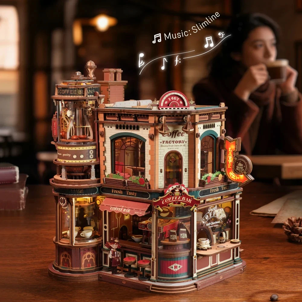 Dream Coffee Factory Music Box Wooden 3D Puzzle Building Toys Kids Gifts