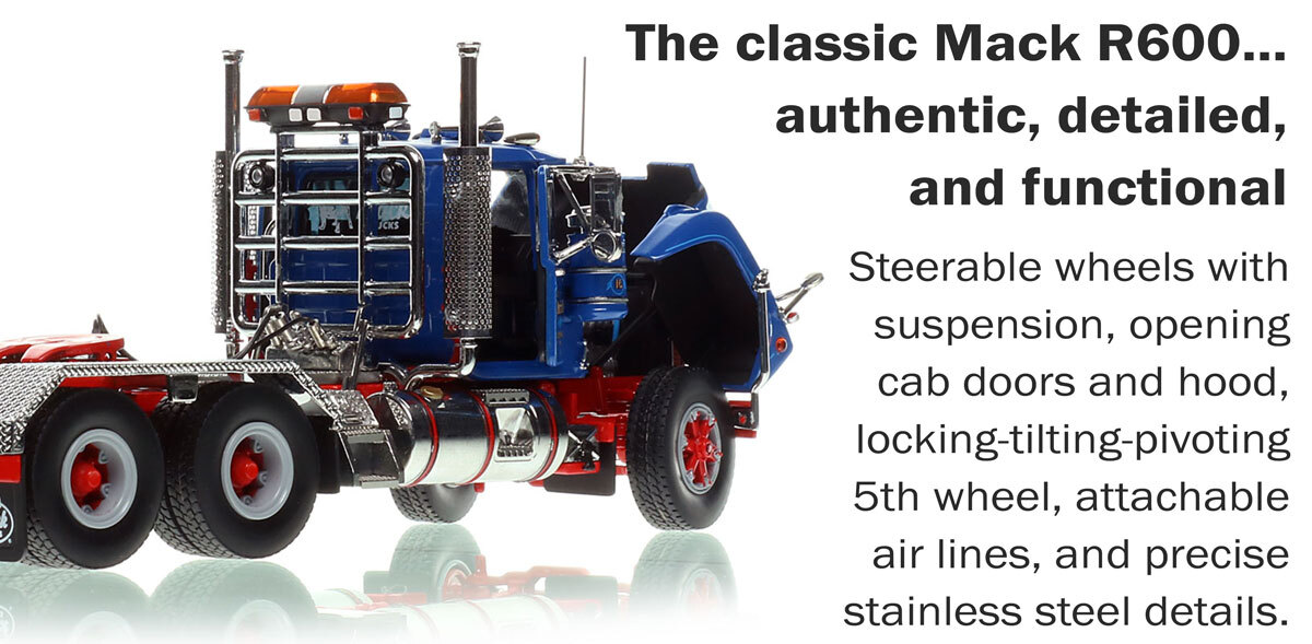 Functions of 1:50 scale model of  F.A. Marchello 1985 Mack R688ST tandem axle tractor