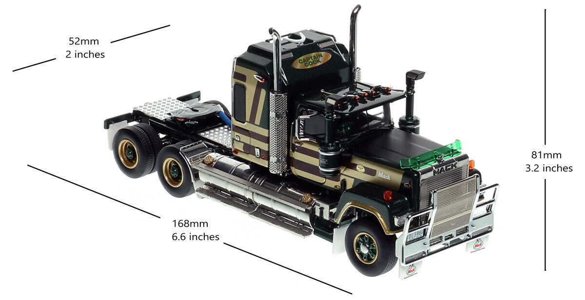 Dimensions of 1:50 scale model of Mack Bicentennial Superliner II Tandem-Axle Sleeper - Captain Cook AU