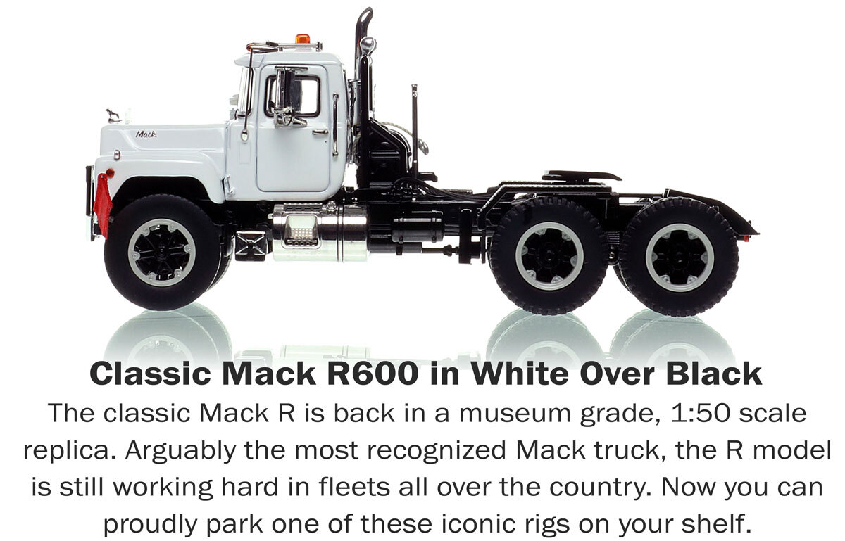 1:50 scale diecast model of Mack R600 Tandem Axle Tractor - White over Black