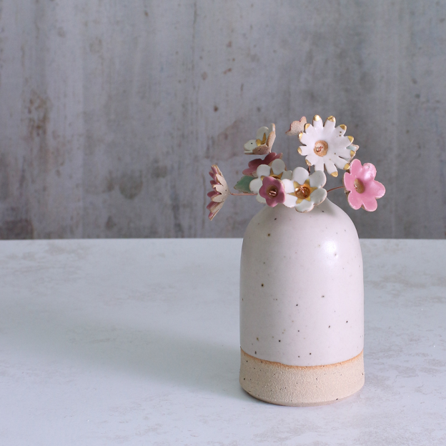 Fuchsia, White and Gold Ceramic Flower Bouquet