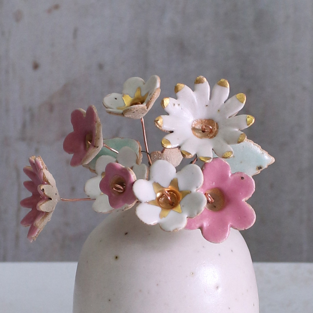 Fuchsia, White and Gold Ceramic Flower Bouquet