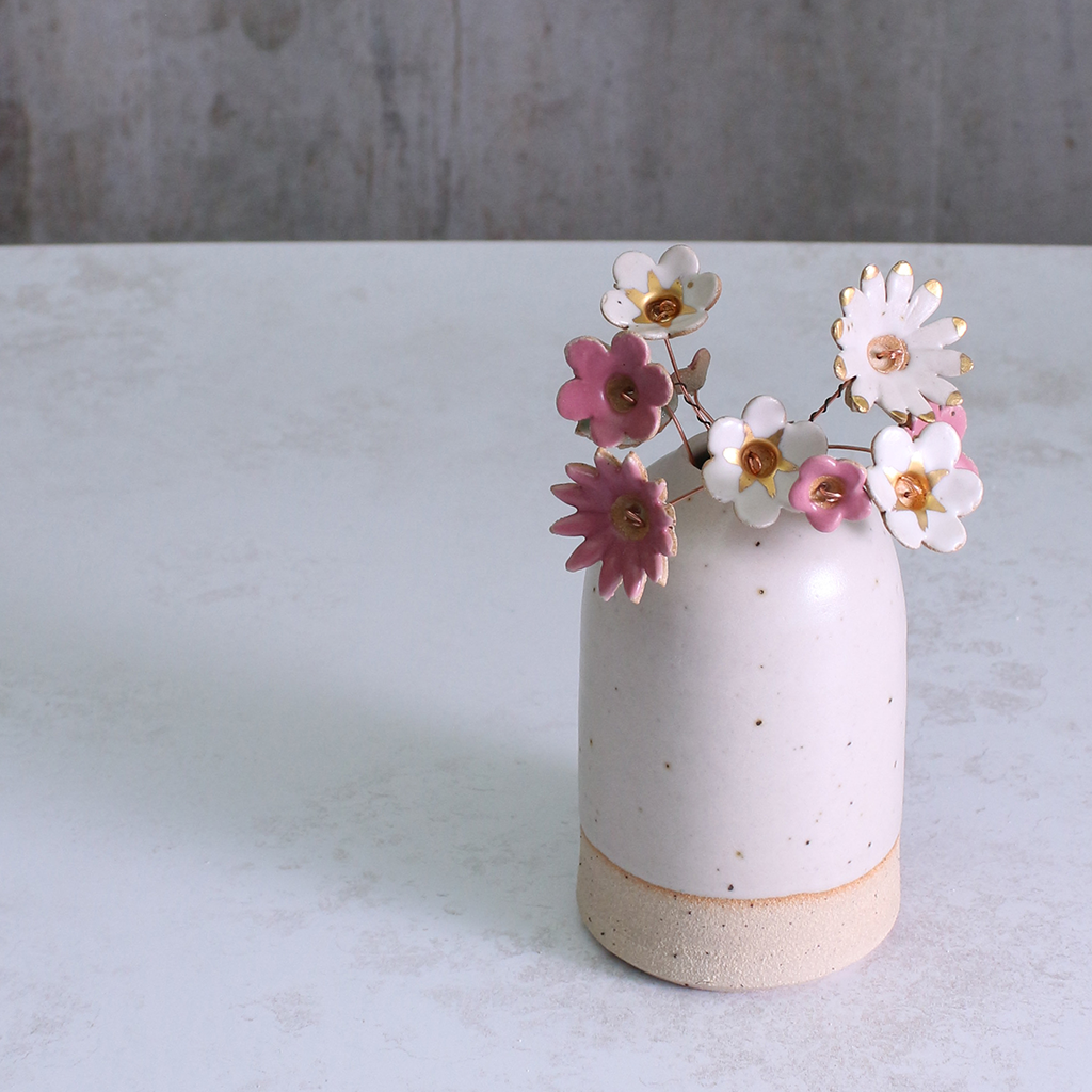 Fuchsia, White and Gold Ceramic Flower Bouquet