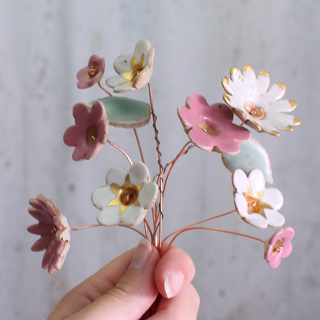 Fuchsia, White and Gold Ceramic Flower Bouquet