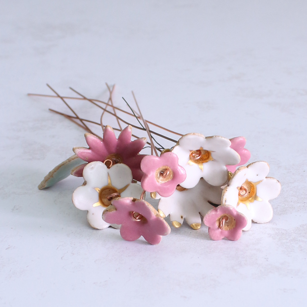 Fuchsia, White and Gold Ceramic Flower Bouquet