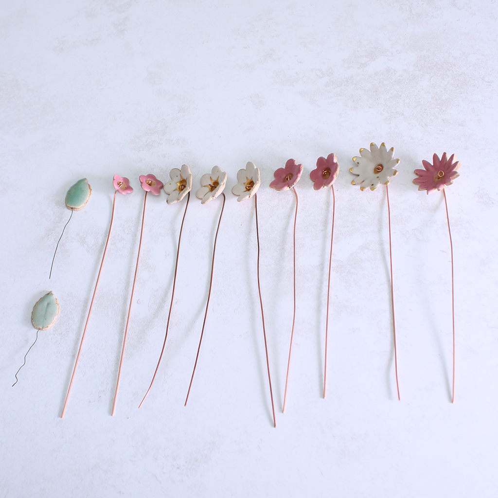 Fuchsia, White and Gold Ceramic Flower Bouquet