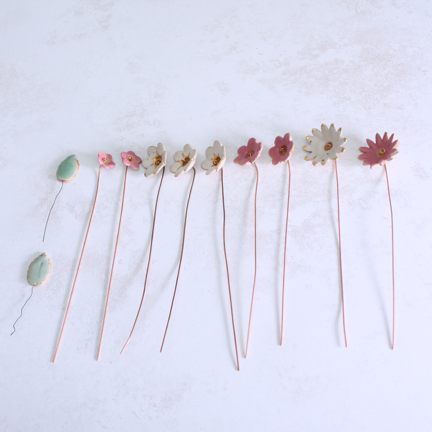 Fuchsia, White and Gold Ceramic Flower Bouquet