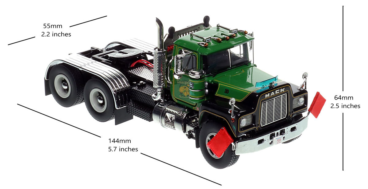 Dimensions of 1:50 scale model of Damigella Collection 1978 Mack R tandem axle tractor