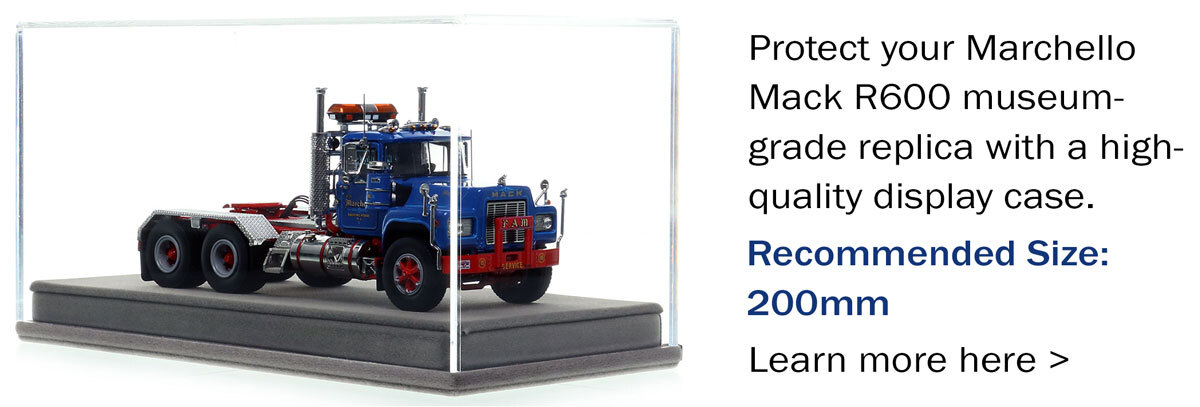 Display case for 1:50 scale model of  F.A. Marchello 1985 Mack R688ST tandem axle tractor