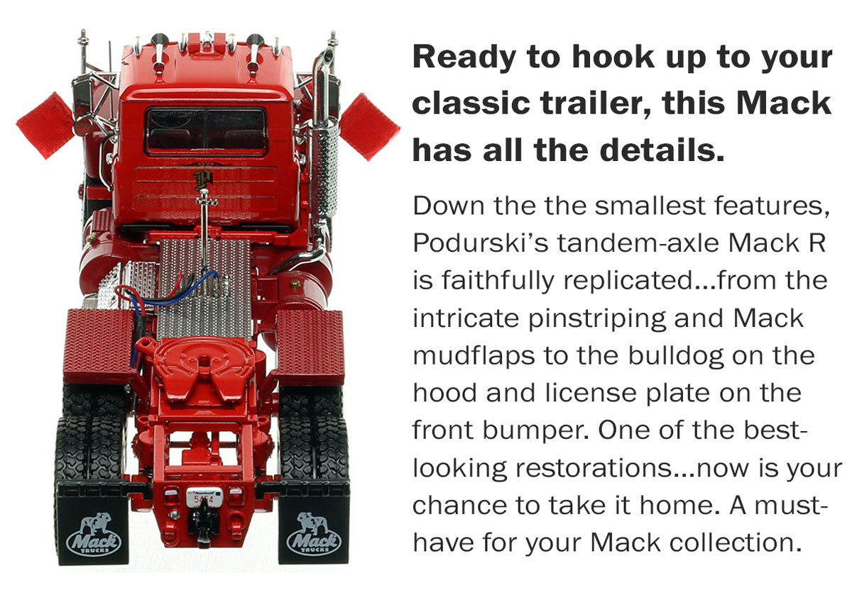 Features of the Display case for 1:50 scale model of Podgurski Corporation 1979 Mack R686SX tandem axle tractor