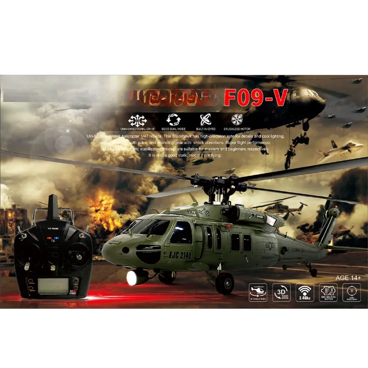 F09-V Blackhawk RC Helicopter 1/47 Scale 2.4G 6CH Dual Brushless Direct Drive Flybarless 6G/3D Stunt Model
