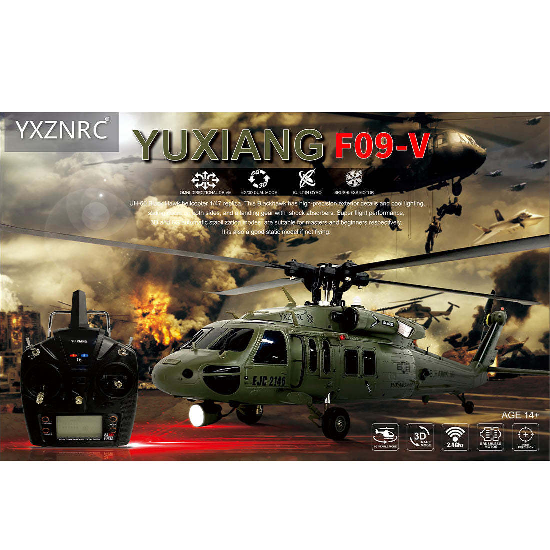  F09-V Blackhawk RC Helicopter 1/47 Scale 2.4G 6CH Dual Brushless Direct Drive Flybarless 6G/3D Stunt Model