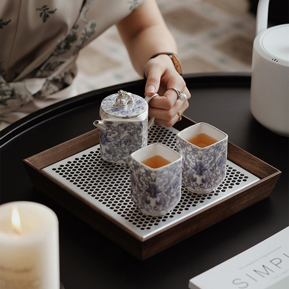 Silver-Gilt Blue And White Engraving Teapot