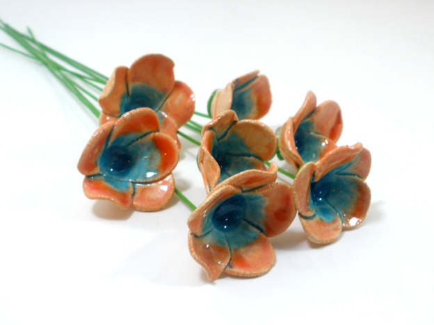 Tangerine and turquoise ceramic flowers