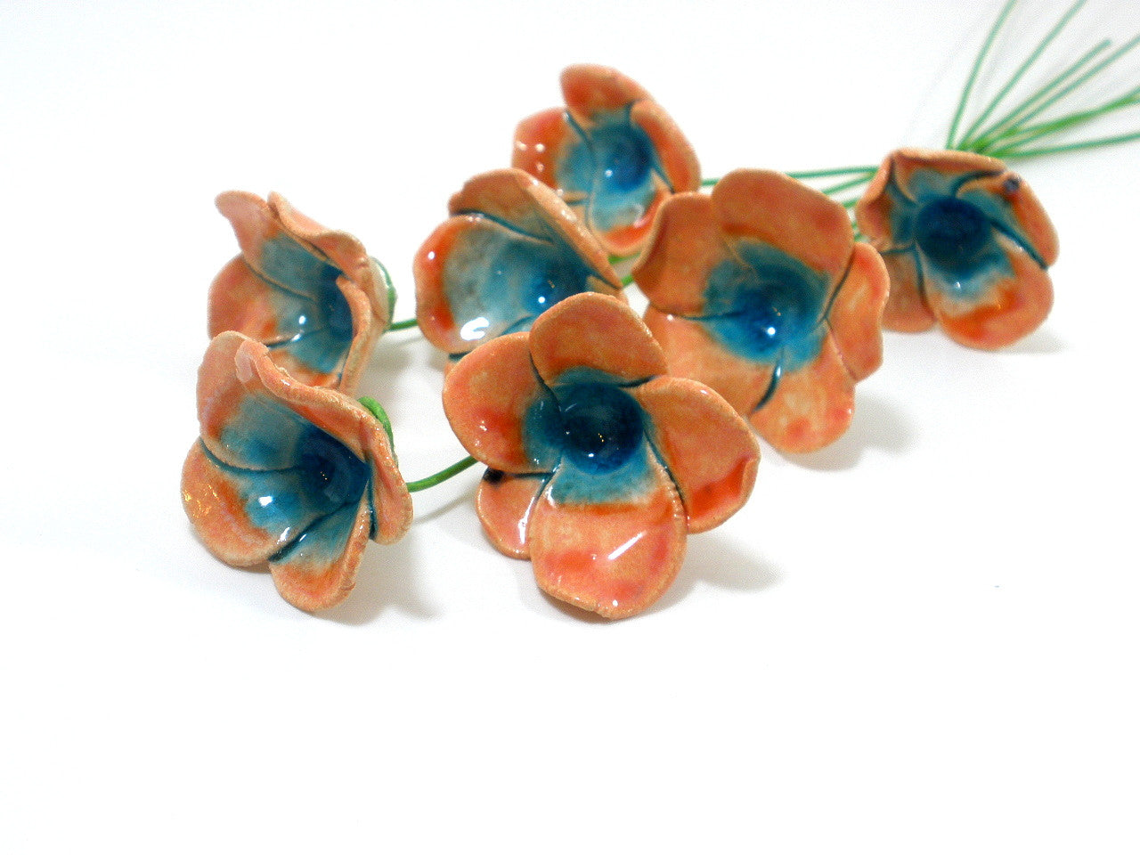Tangerine and turquoise ceramic flowers